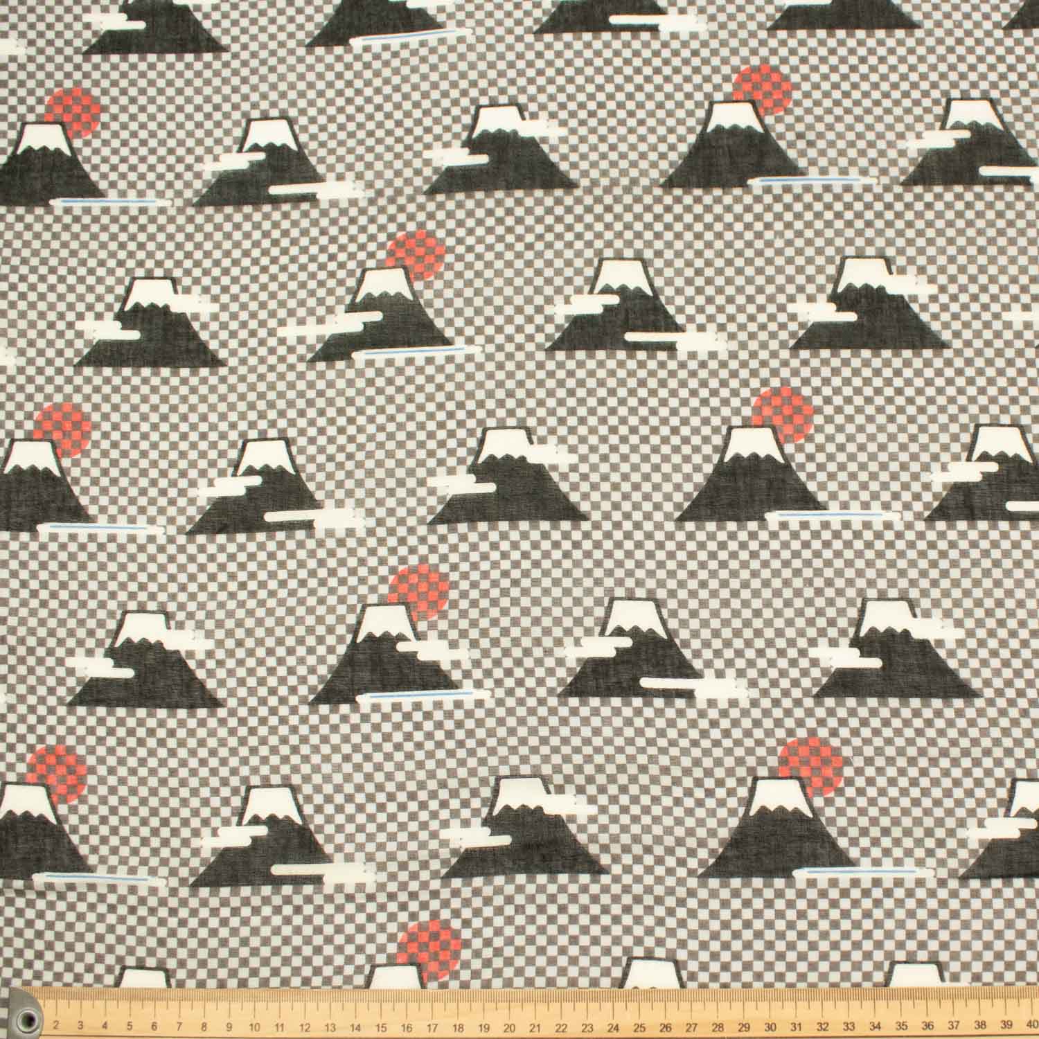 Printed Cotton Voile Design-86 Fuji Mountain on Black & Grey Checks