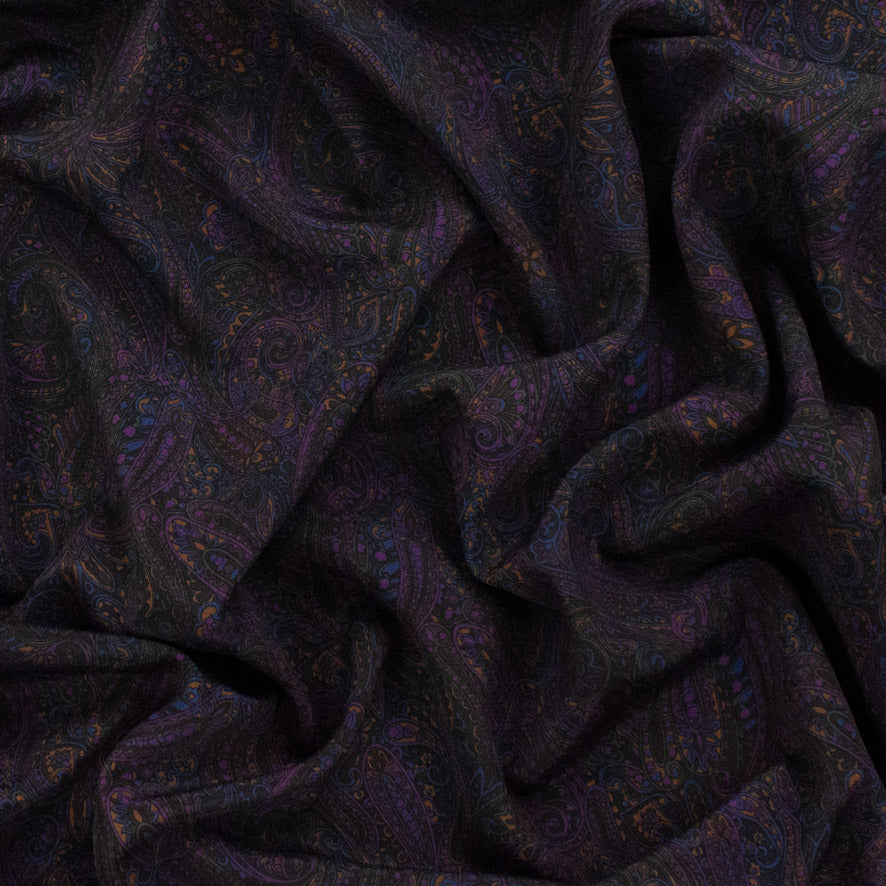 Purple Paisley on Black Printed Crepe