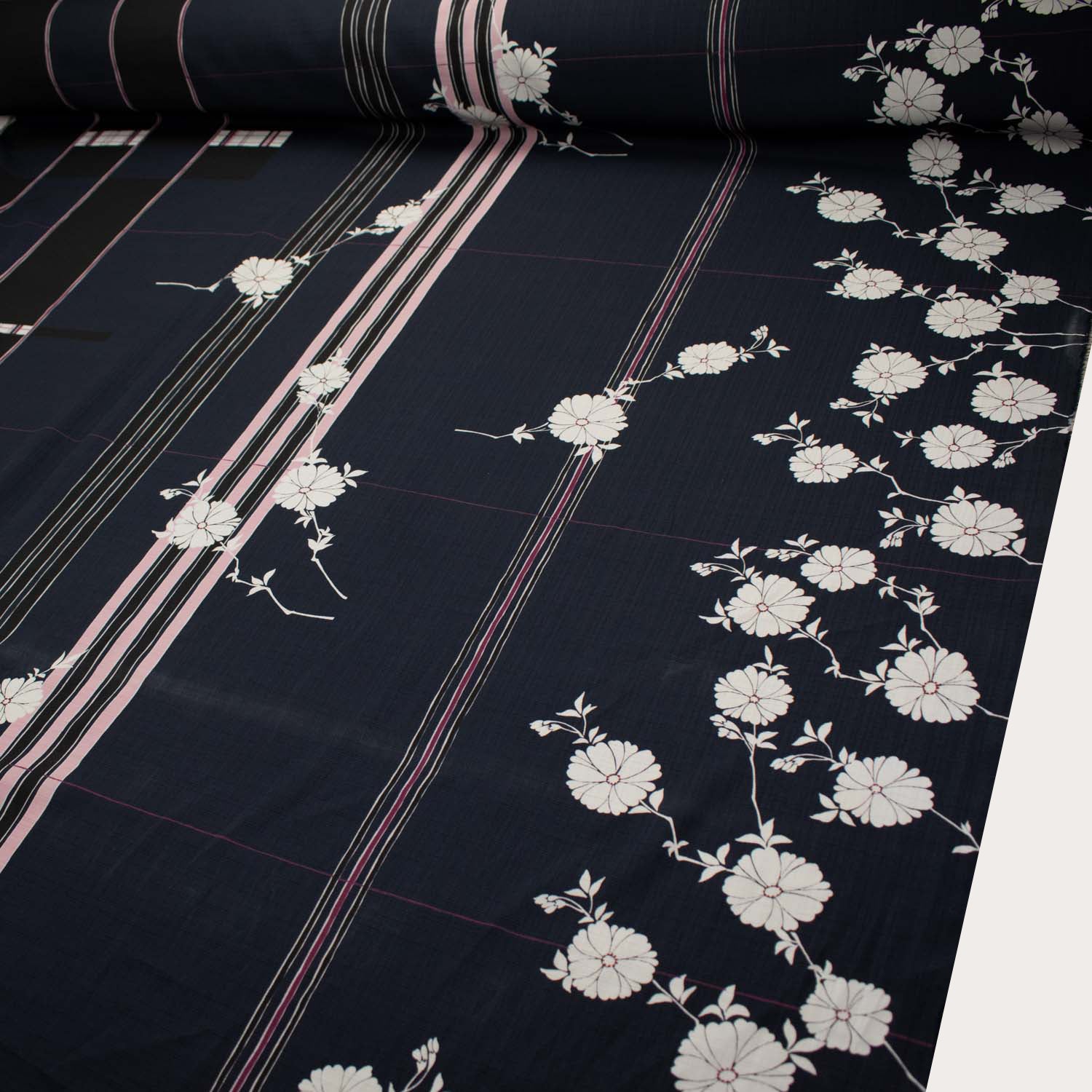 Border Printed Crepe Kimono White Floral on Navy