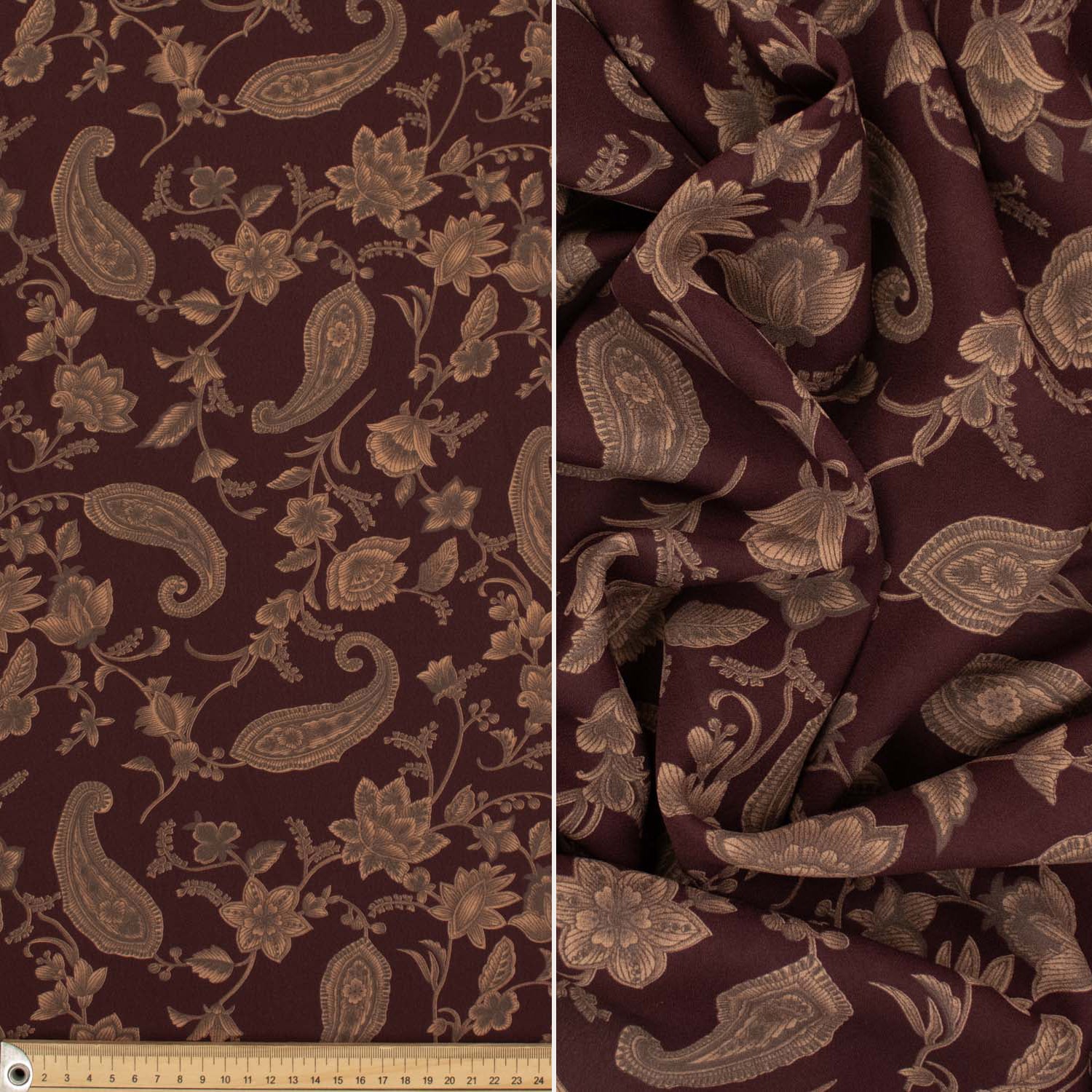 Printed Crepe Brown Paisley on Maroon