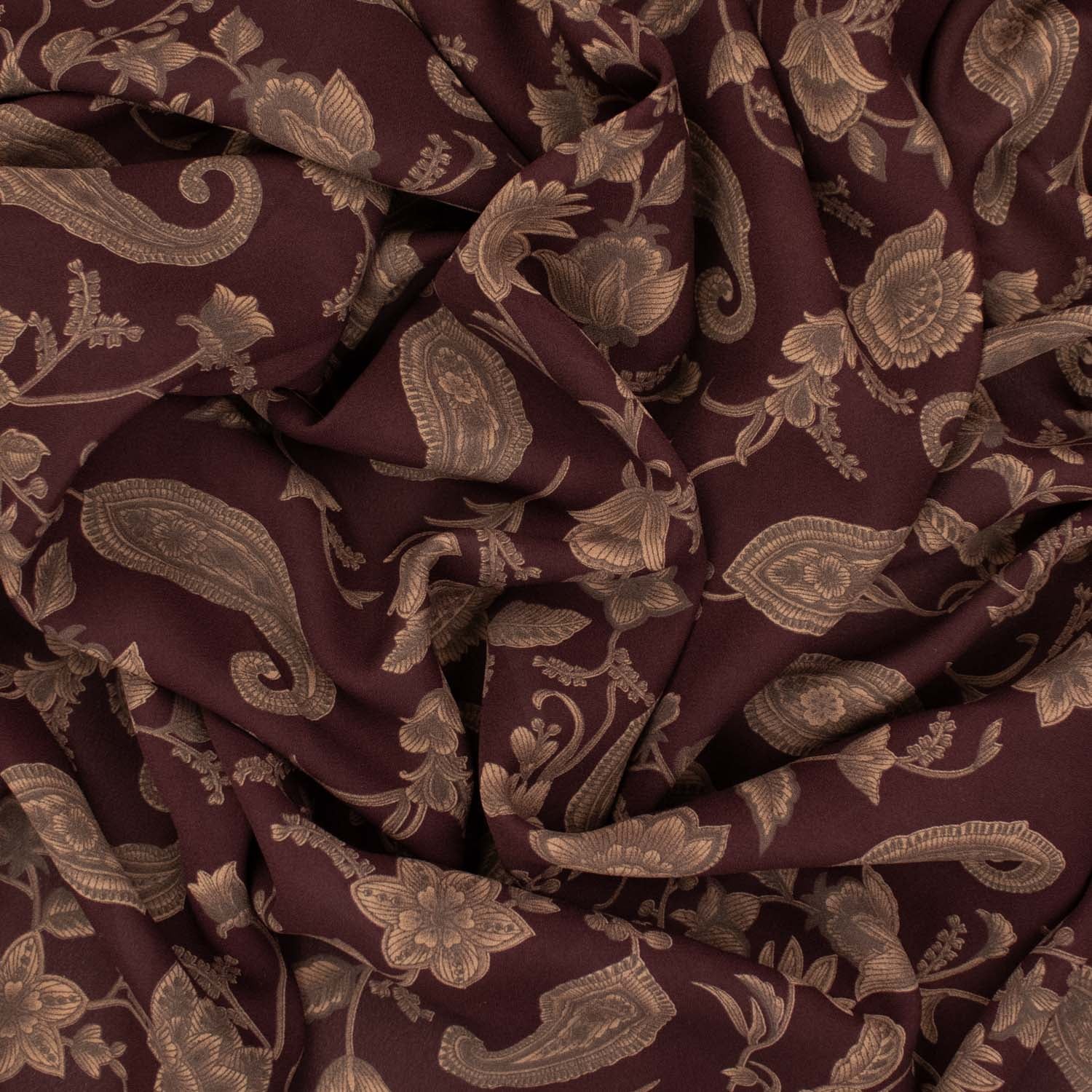 Printed Crepe Brown Paisley on Maroon