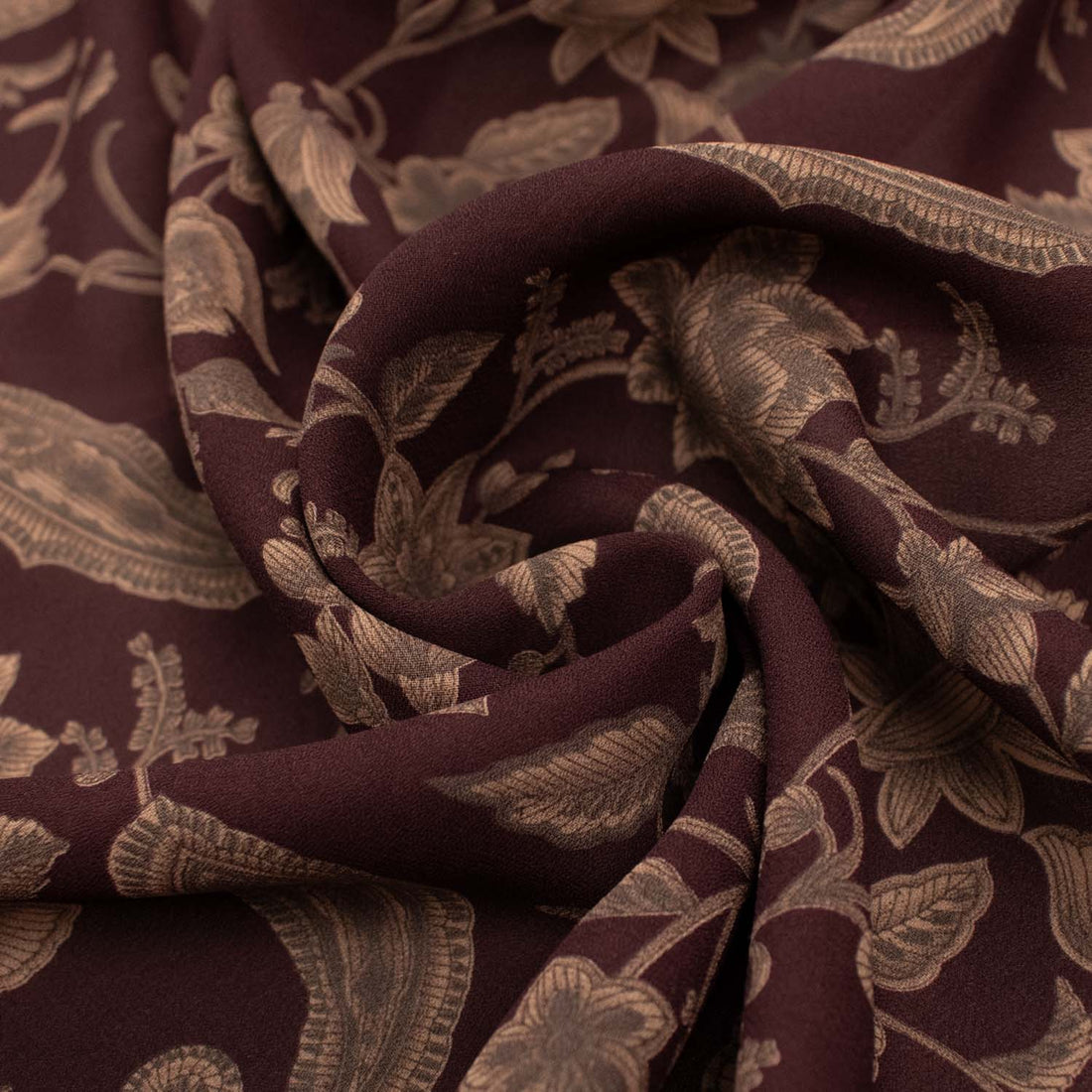 Printed Crepe Brown Paisley on Maroon