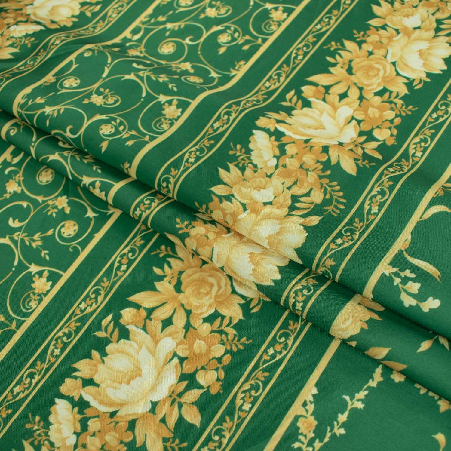 Printed Lining Design-32 Vintage Gold Floral Vines On Green Stripes