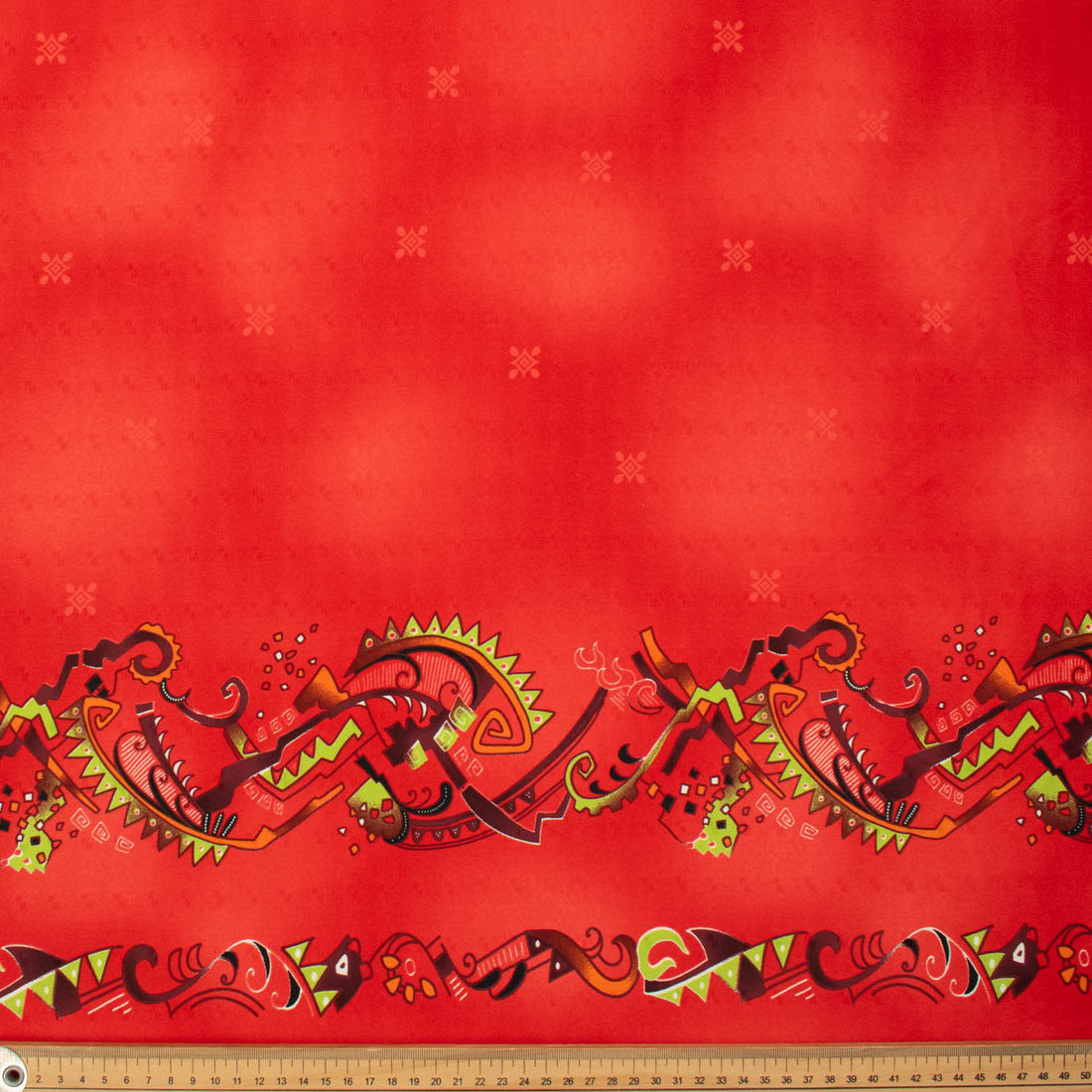 Printed Peach Satin Red Aztec Border Prints