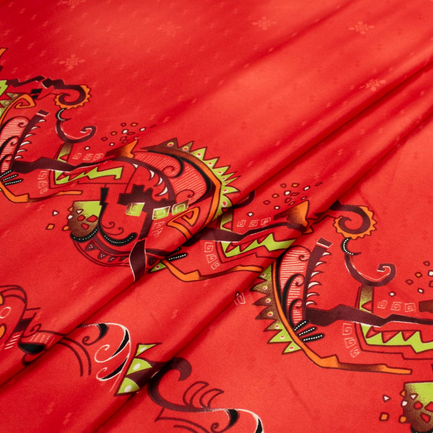 Printed Peach Satin Red Aztec Border Prints