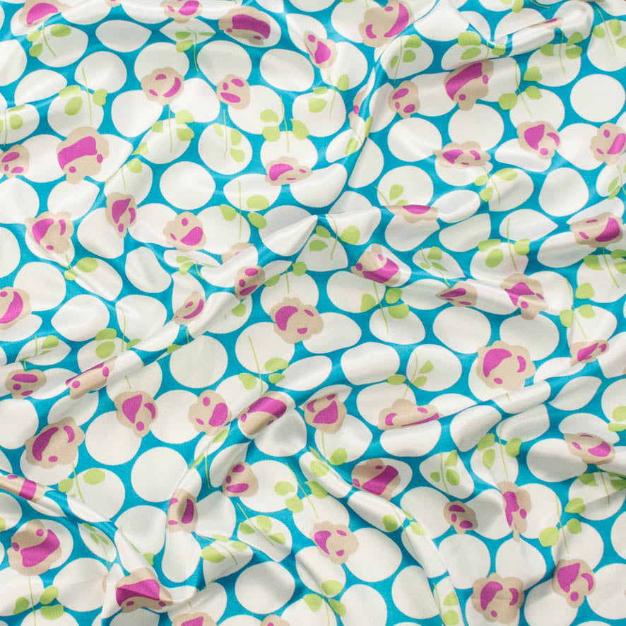 Satin Prints Design-204 Whit Dots and Pink Floral on Blue