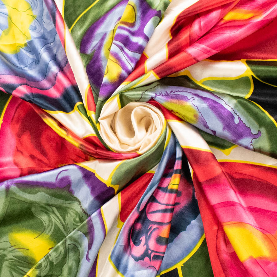 Satin Prints Design-207 Red Flowers Garland on Black Square 100CM x 112CM Panel