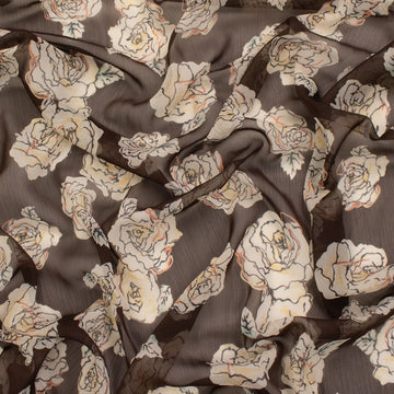 Printed Yoryu Chiffon Design-249 Cream Floral on Brown