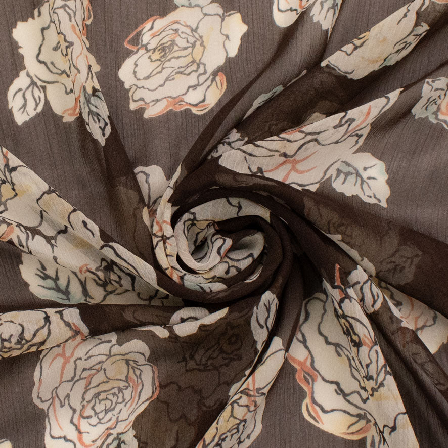 Printed Yoryu Chiffon Design-249 Cream Floral on Brown