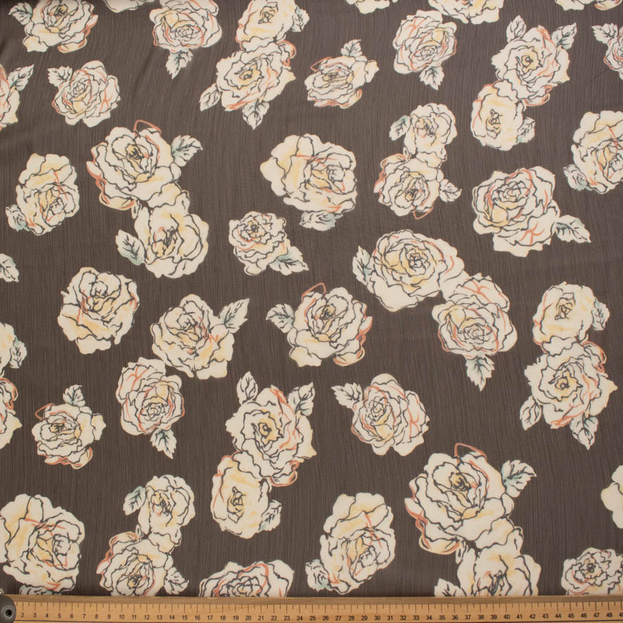 Printed Yoryu Chiffon Design-249 Cream Floral on Brown