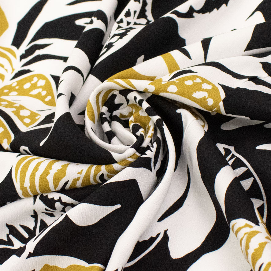 Rayon Poplin Prints Design 14 Gold & White Leaves on Black