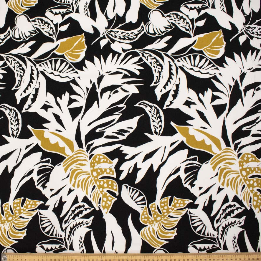 Rayon Poplin Prints Design 14 Gold & White Leaves on Black