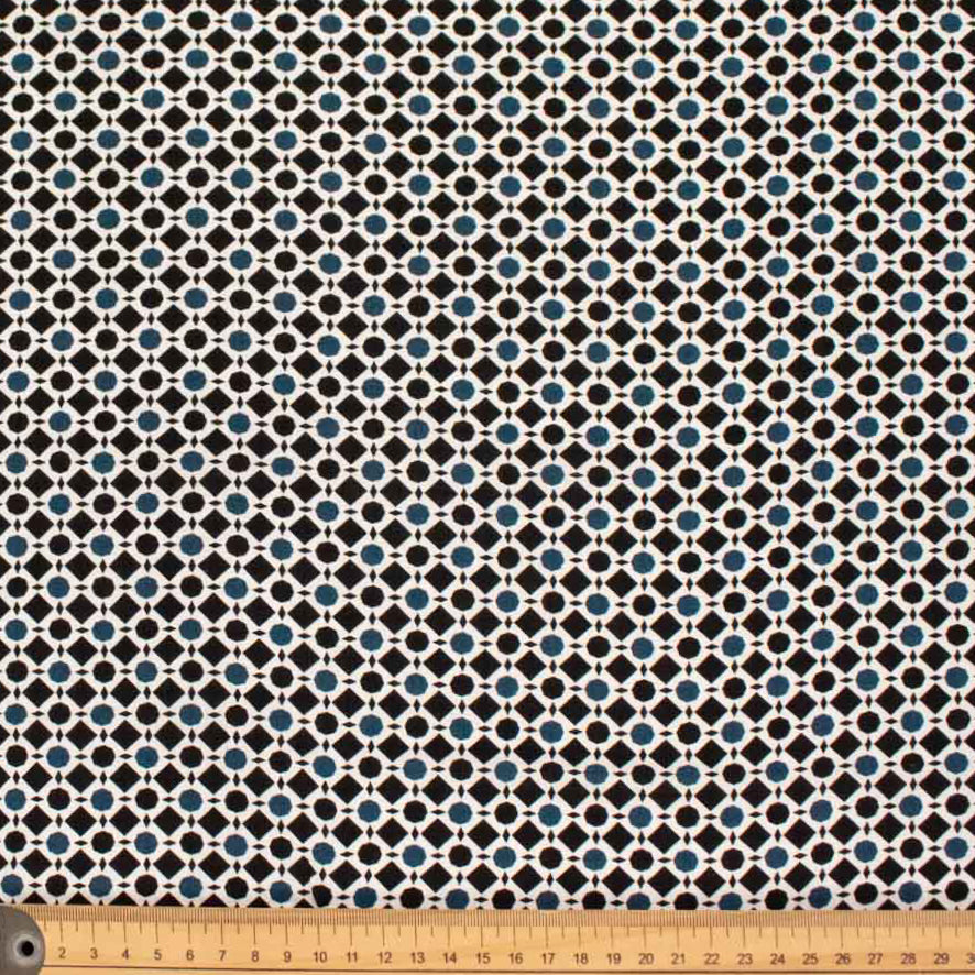 Rayon Poplin Prints Design 23 Teal Dots and Black Squares