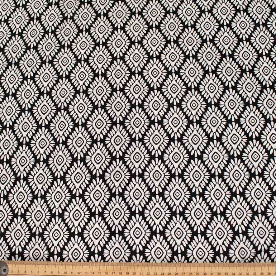 Rayon Poplin Prints Design-30 Black Tribal Diamond on White
