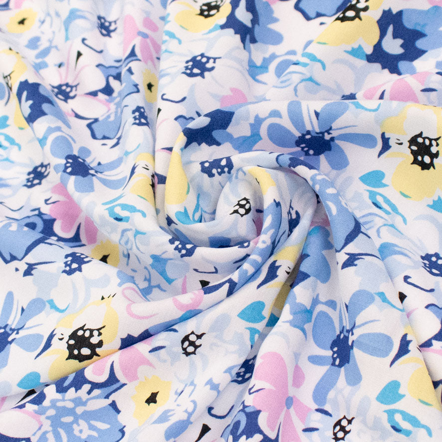 Rayon Poplin Prints Design 32 Blue Pink & Yellow Flowers