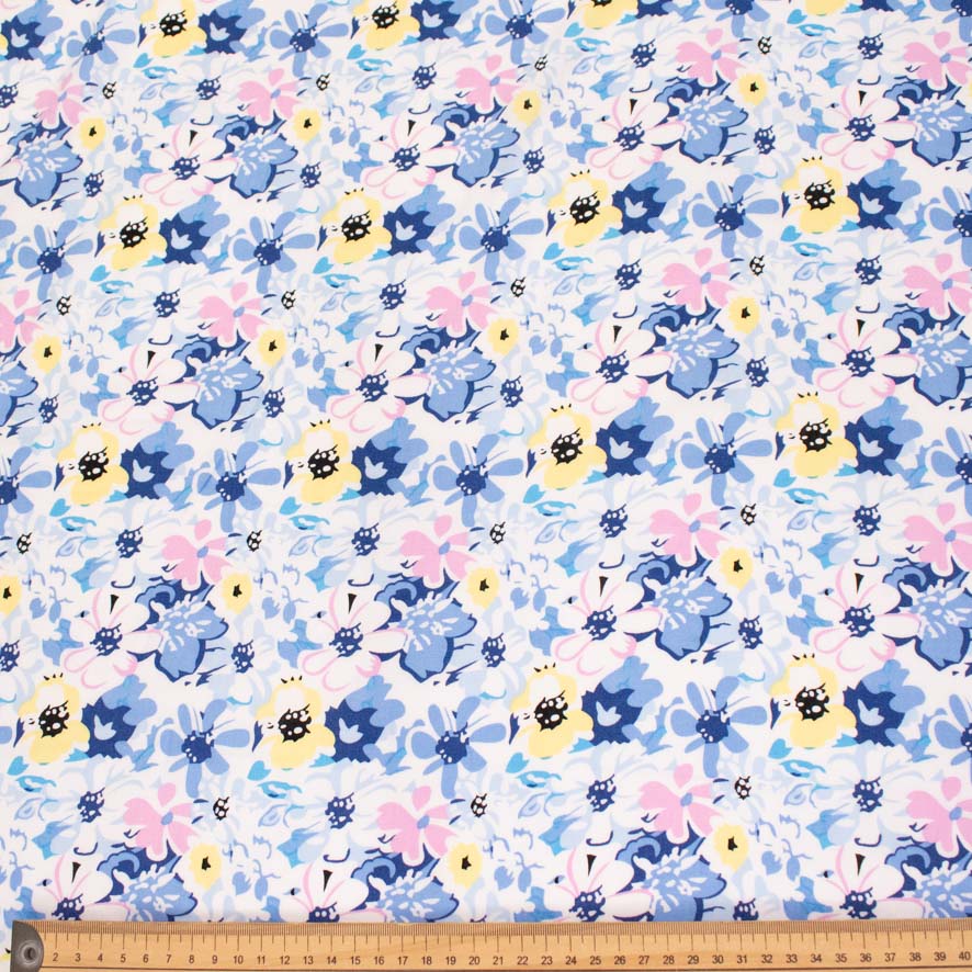 Rayon Poplin Prints Design 32 Blue Pink & Yellow Flowers