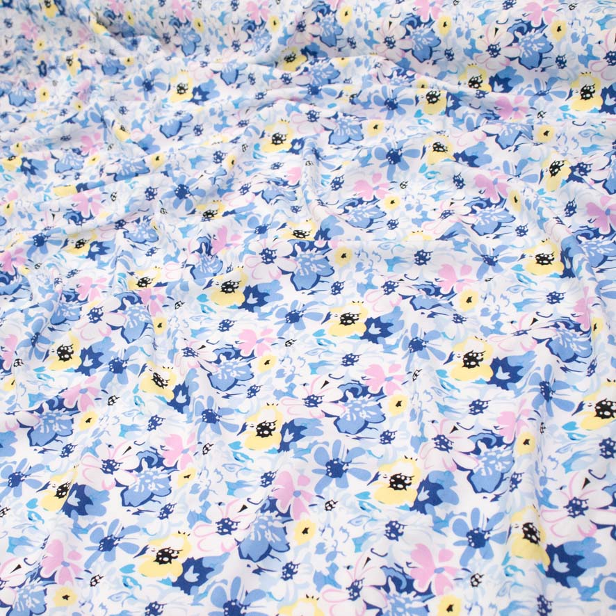 Rayon Poplin Prints Design 32 Blue Pink & Yellow Flowers