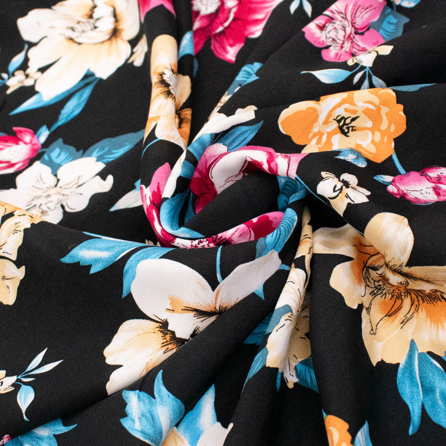 Rayon Poplin Prints Design 35 Pink & Yellow Large Flowers on Black