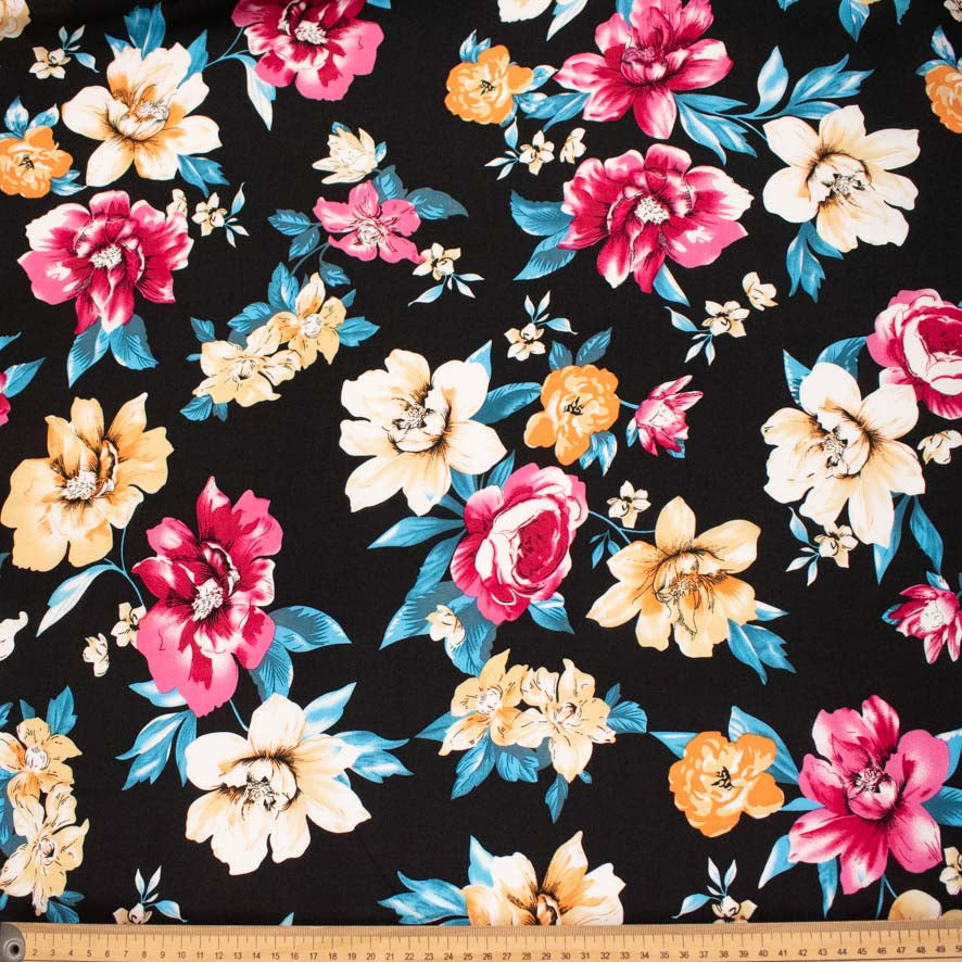 Rayon Poplin Prints Design 35 Pink & Yellow Large Flowers on Black