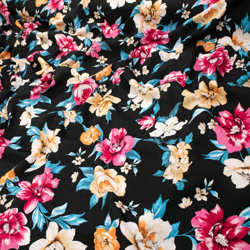 Rayon Poplin Prints Design 35 Pink & Yellow Large Flowers on Black