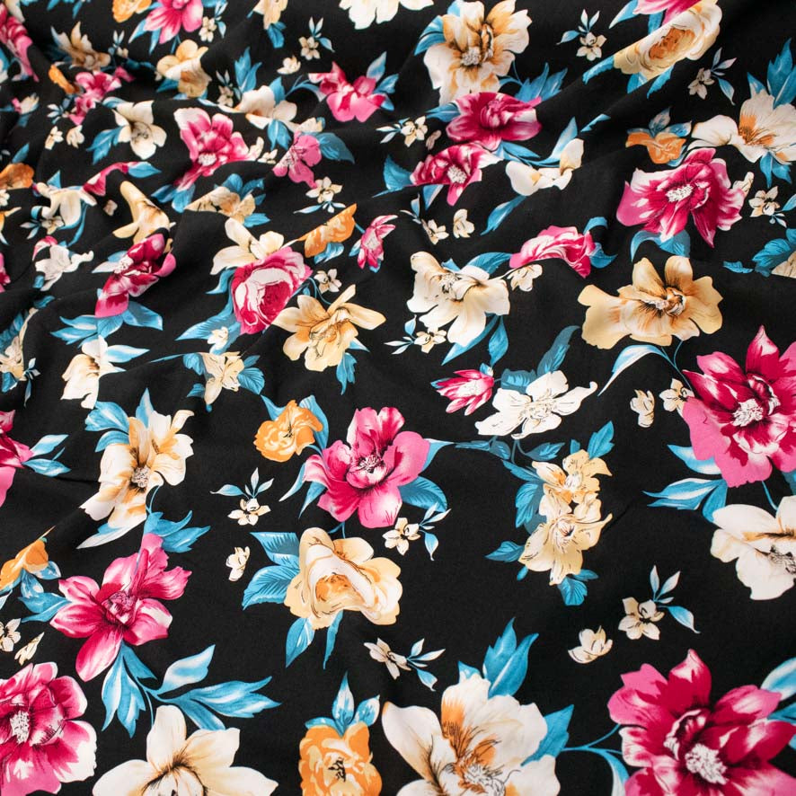 Rayon Poplin Prints Design 35 Pink & Yellow Large Flowers on Black