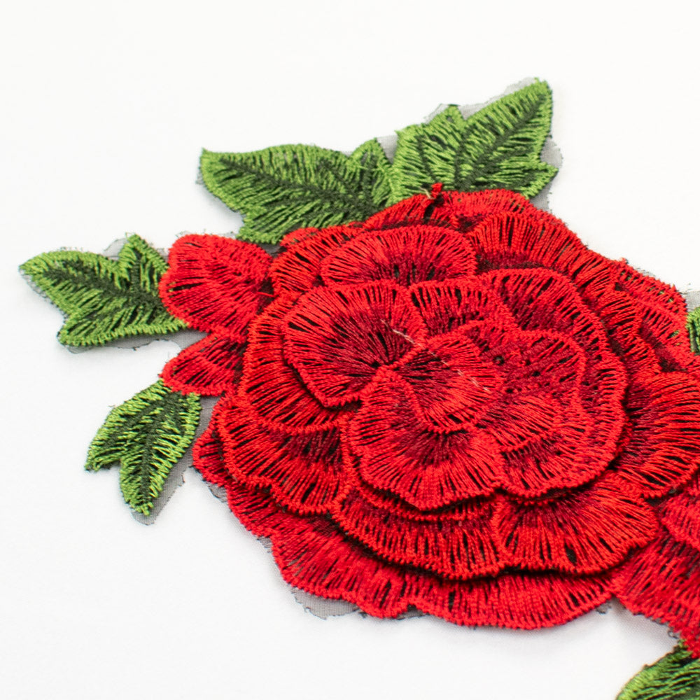 Trellis Red Rose Flower Embroidered Applique Sew On Motif