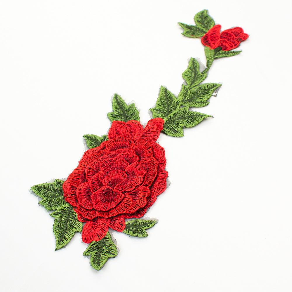 Trellis Red Rose Flower Embroidered Applique Sew On Motif