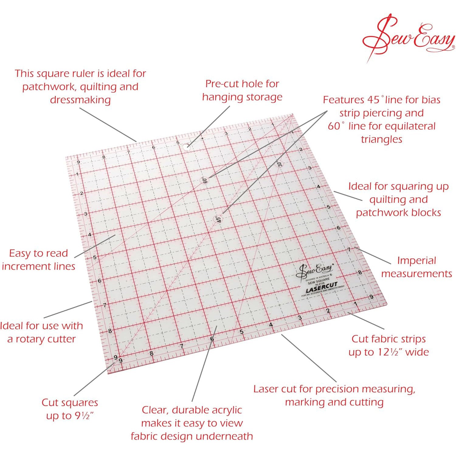 Sew Easy Quilting Patchwork Square Ruler 9.5" x 9.5"