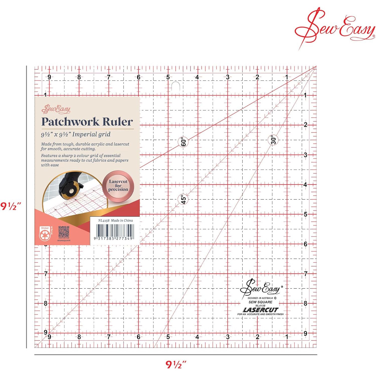 Sew Easy Quilting Patchwork Square Ruler 9.5" x 9.5"