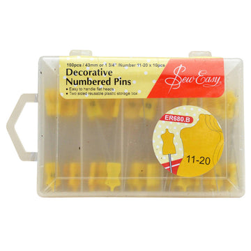 SEW EASY DECORATIVE PINS NUMBERED PINS 11-20 - Mannequin shaped pins Box of 100PCS (10 of Each)