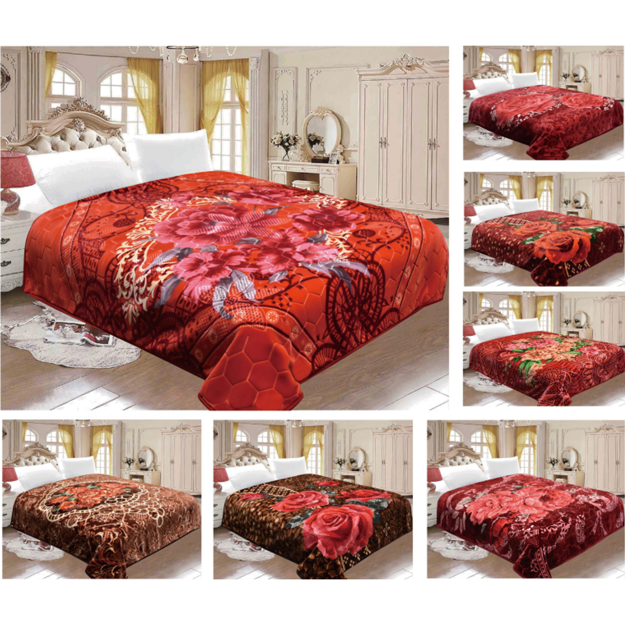 Premium Printed Embossed Mink Blanket Red Floral Pattern 200x240cm