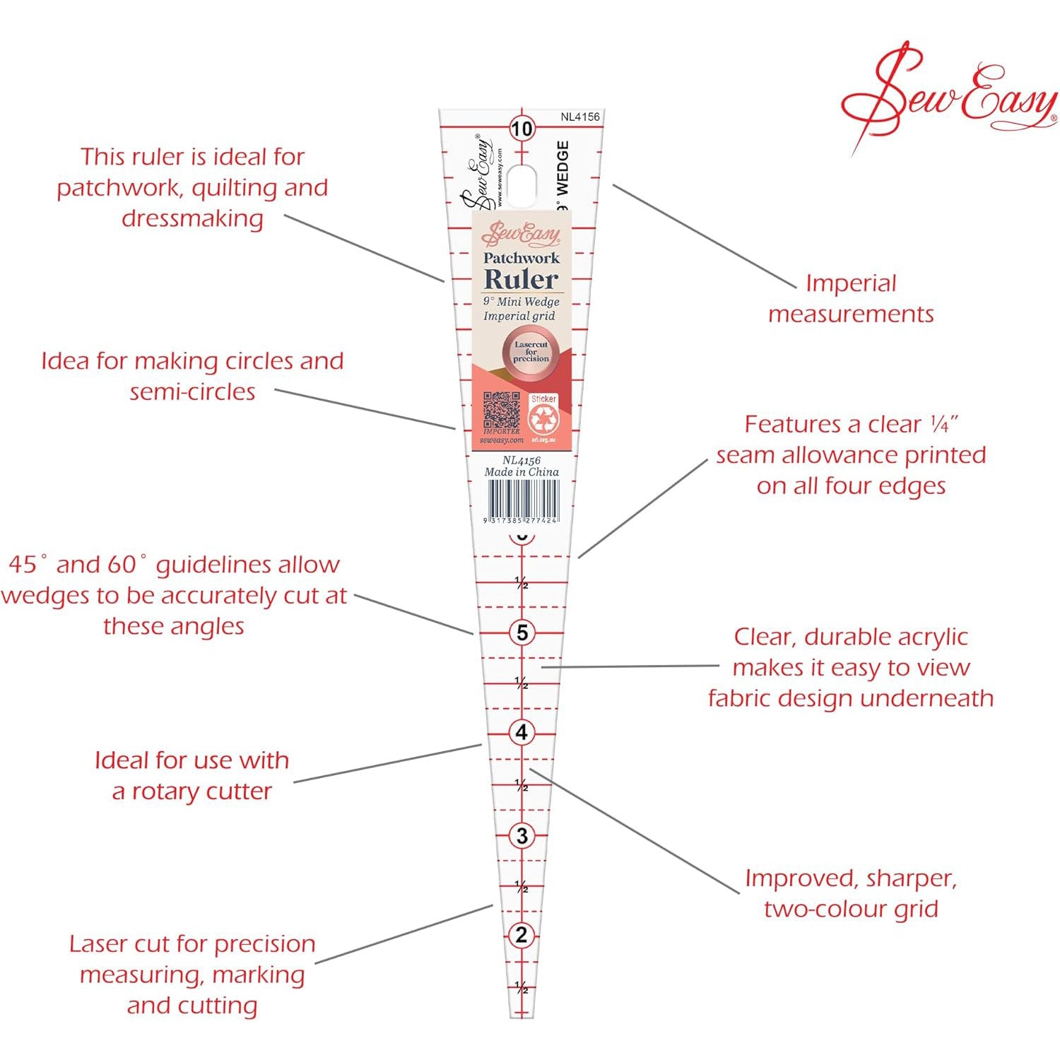 Sew Easy Triangle Mini Wedge Ruler 9 Degree 9" x 1.6"