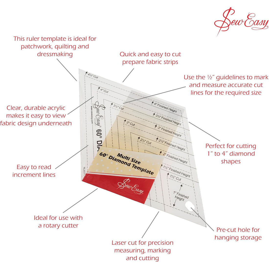 Sew Easy Multi Size Diamond Patchwork Template Quilting Ruler