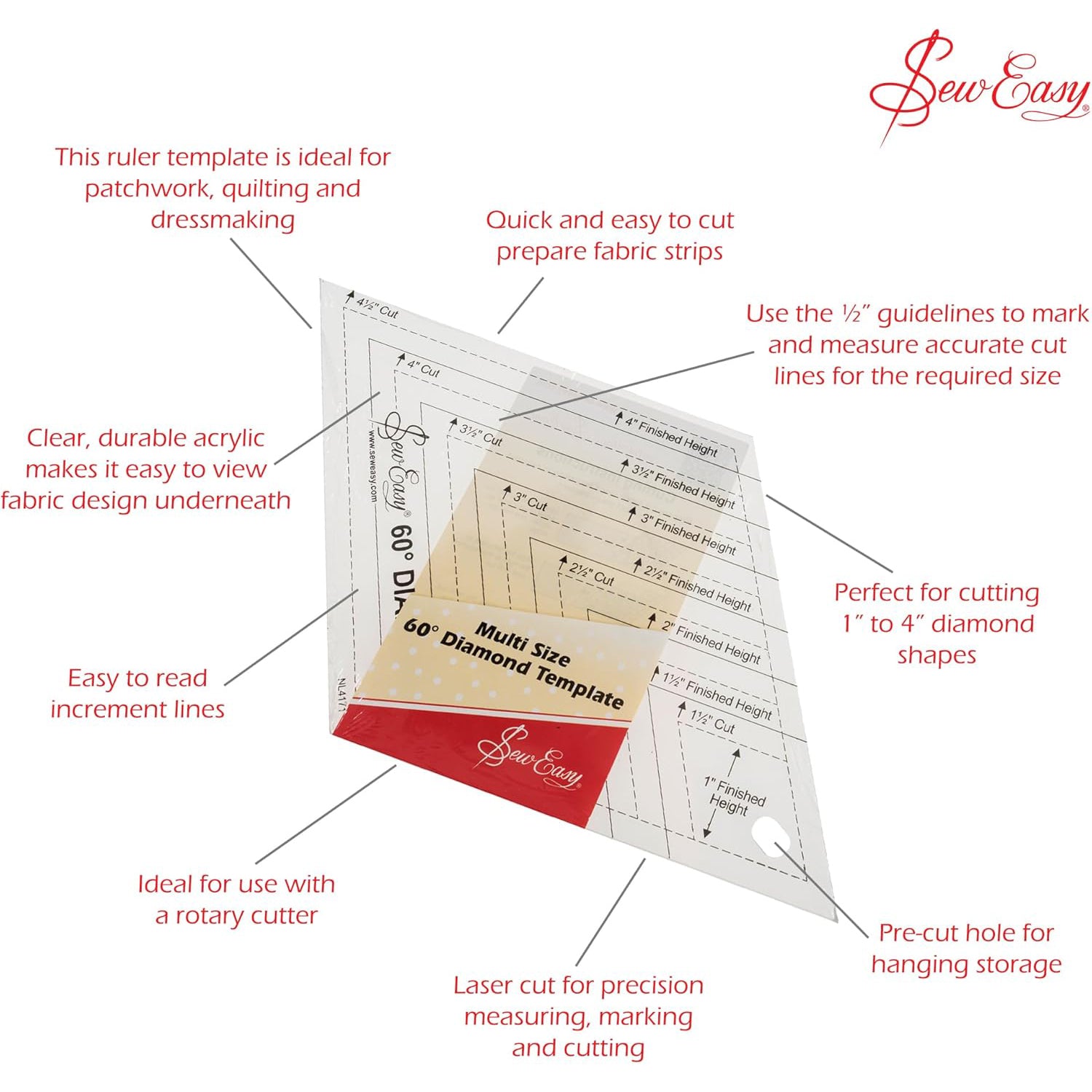 Sew Easy Multi Size Diamond Patchwork Template Quilting Ruler