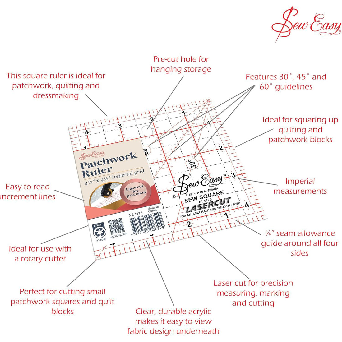 Sew Easy Quilting Patchwork Square Ruler 4.5" x 4.5"