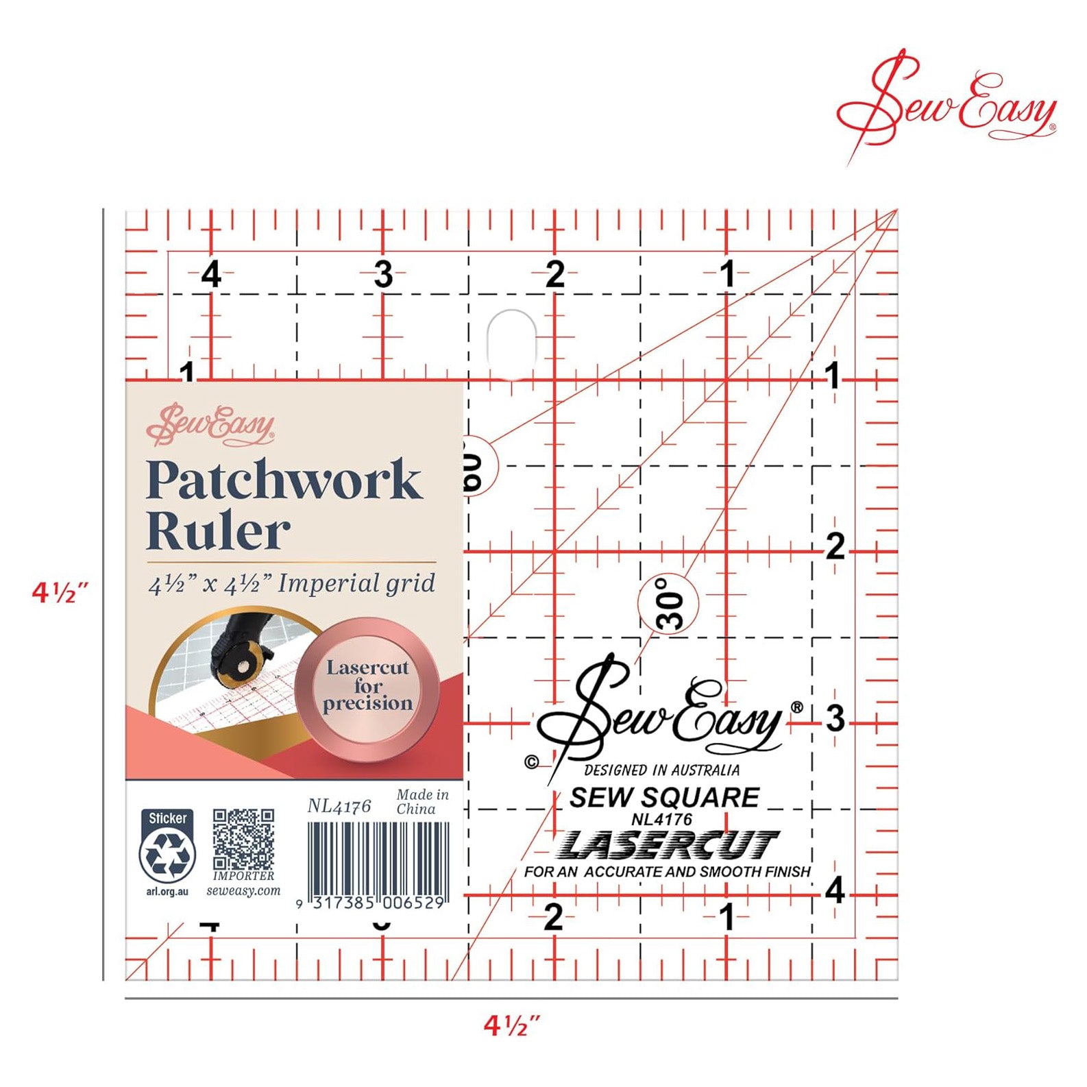 Sew Easy Quilting Patchwork Square Ruler 4.5" x 4.5"