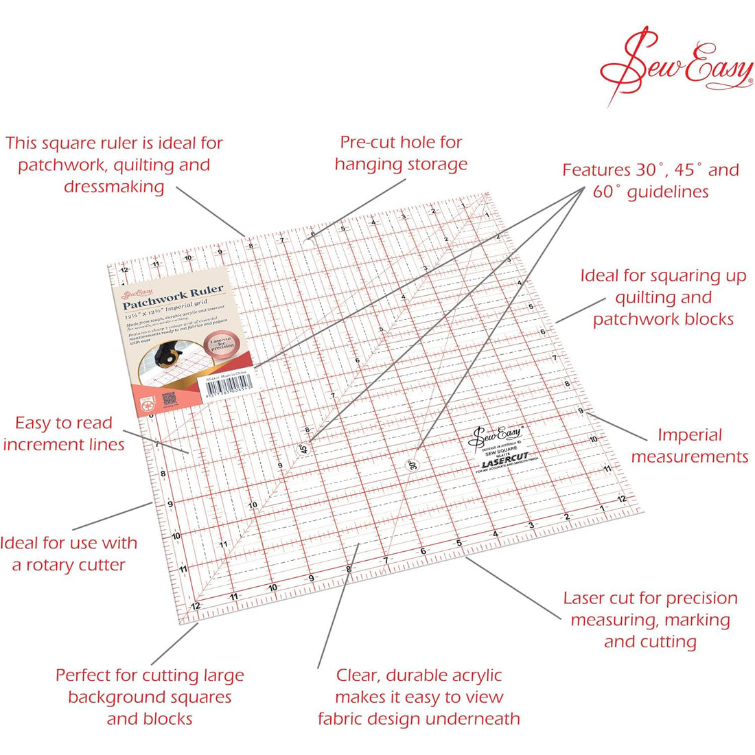 Sew Easy Quilting Patchwork Square Ruler 12.5" x 12.5"