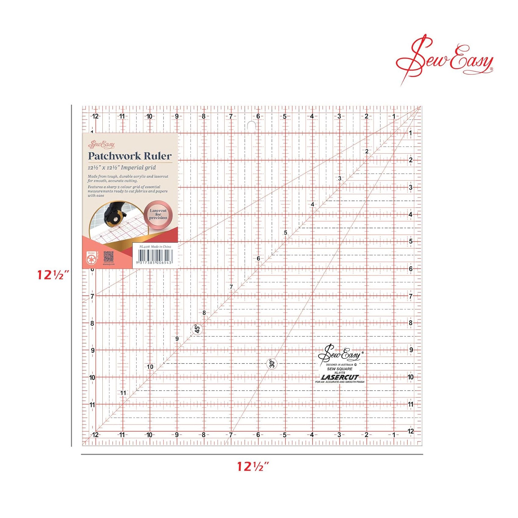 Sew Easy Quilting Patchwork Square Ruler 12.5" x 12.5"