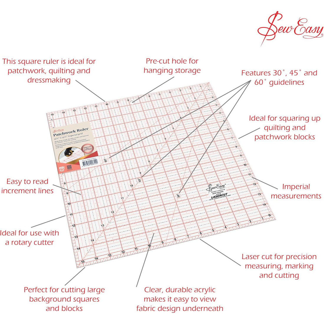 Sew Easy Quilting Patchwork Square Ruler 15.5" x 15.5"