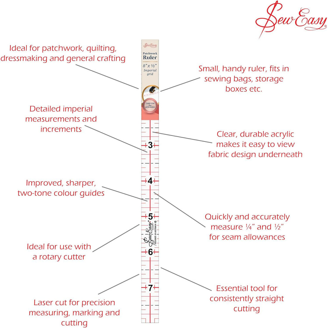 Sew Easy Quilting Patchwork Ruler 8" x 0.5" Imperial
