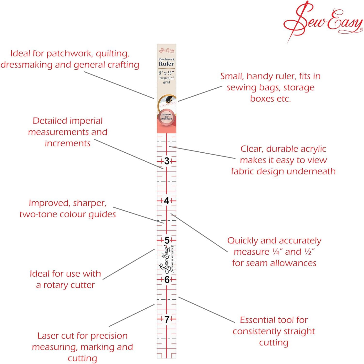 Sew Easy Quilting Patchwork Ruler 8" x 0.5" Imperial