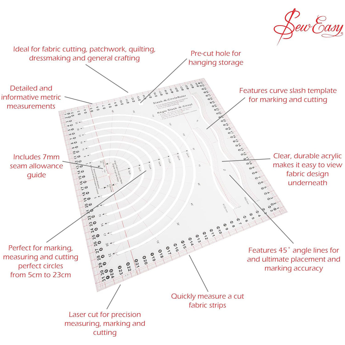 Sew Easy Circle Slash N Ruler 26cm x 32 cm Curve Slash Marking