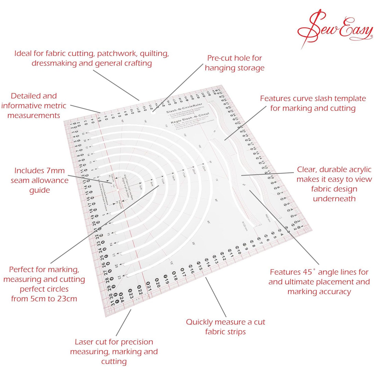 Sew Easy Circle Slash N Ruler 26cm x 32 cm Curve Slash Marking