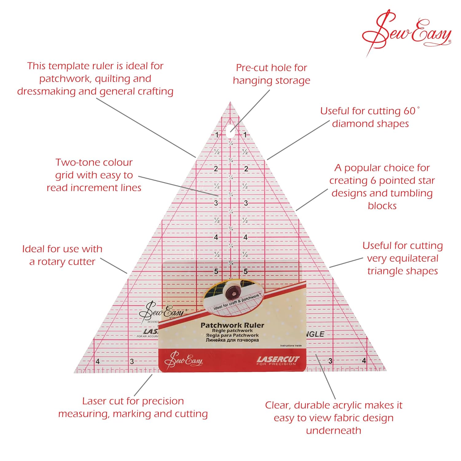 Sew Easy Quilting Patchwork Triangle Ruler 60 Degree 8" x 9.25"
