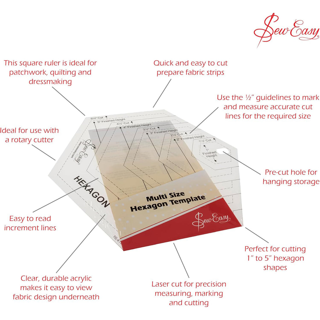 Sew Easy Multi Size Hexagon Patchwork Template Quilting Ruler