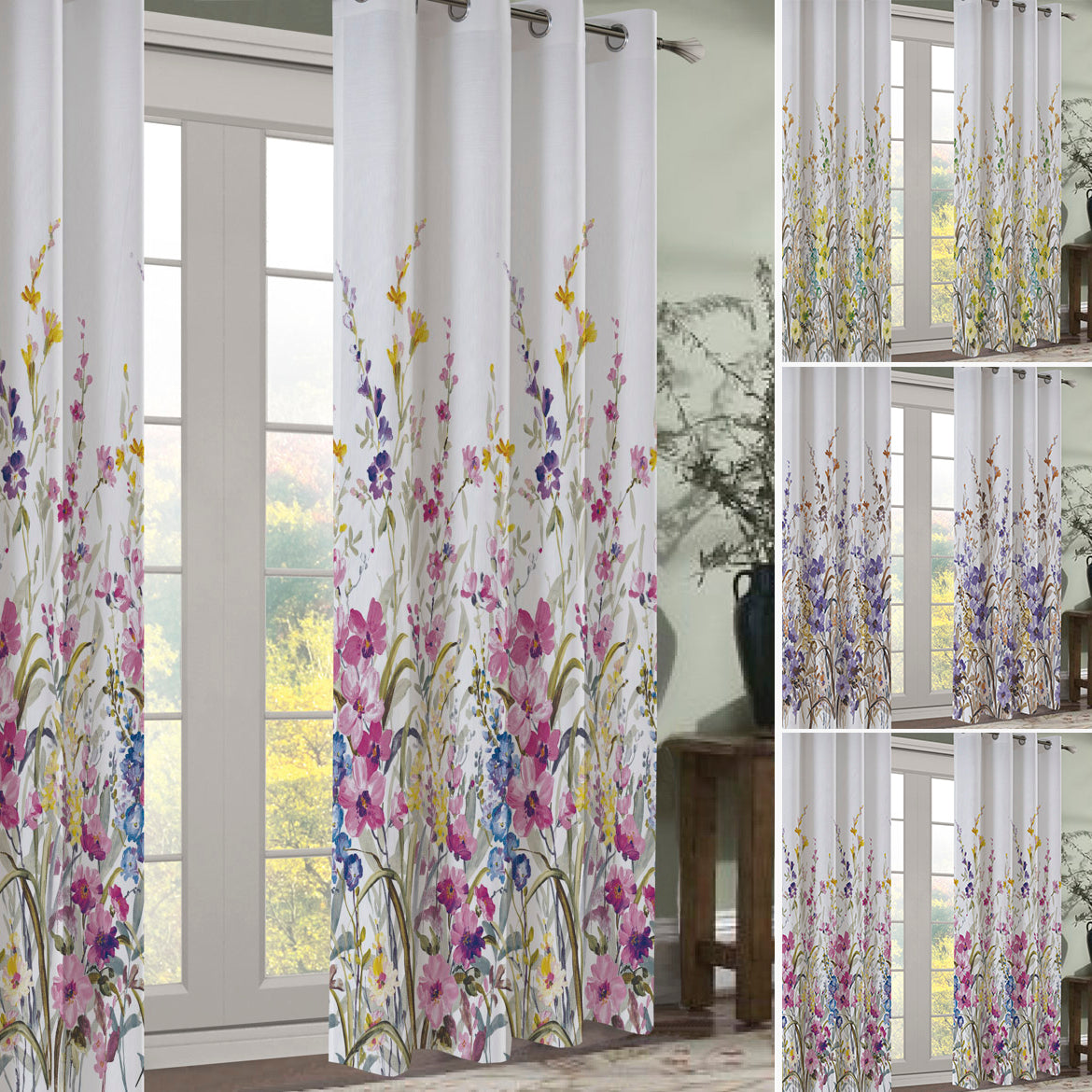 Spring Meadow Floral Printed Ready to Hang Eyelet Curtain