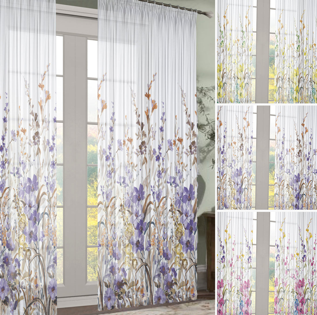 Spring Meadow Floral Printed Sheer Pencil Pleat Curtain