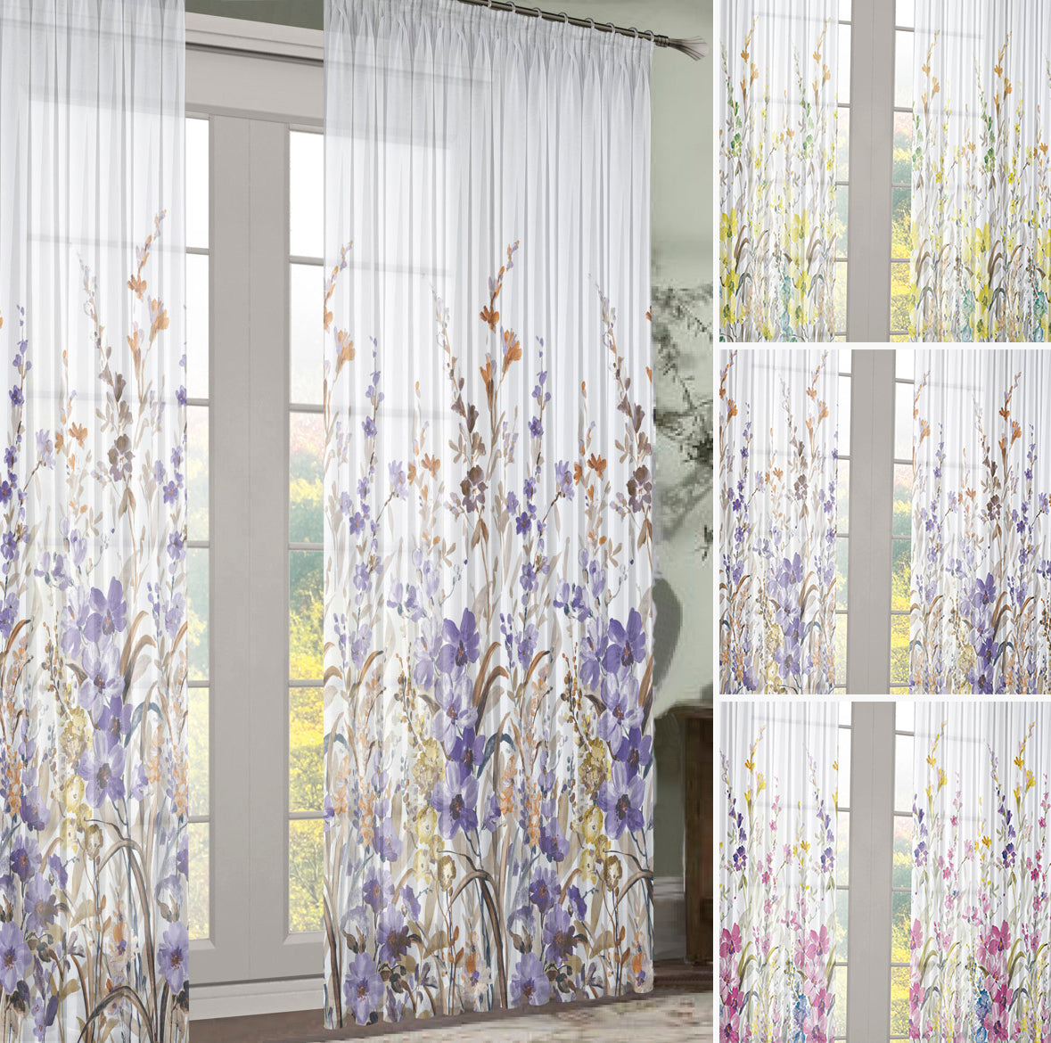 Spring Meadow Floral Printed Ready to Hang Sheer Pencil Pleat Curtain