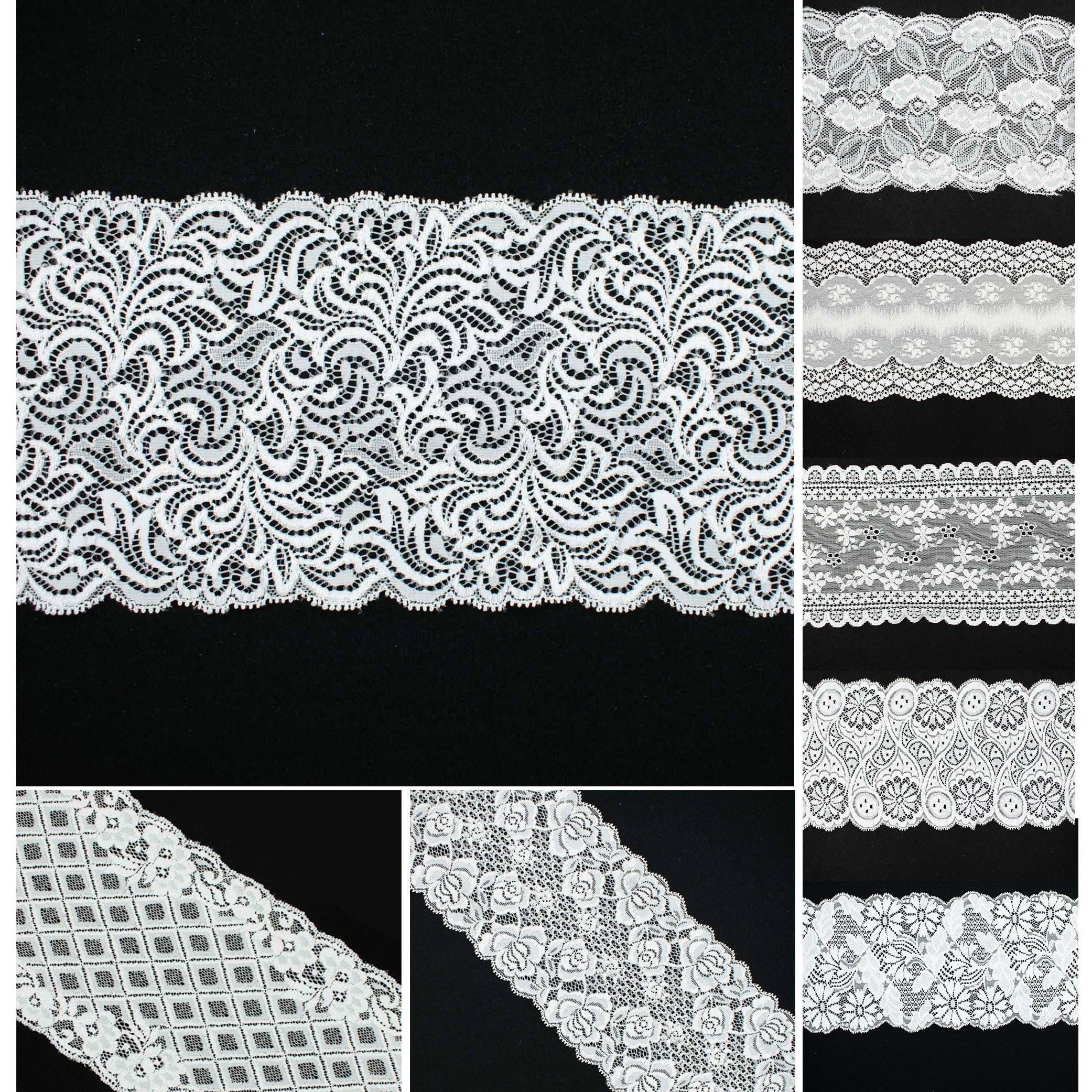 White Floral Stretch Raschel Lace Trim 13cm