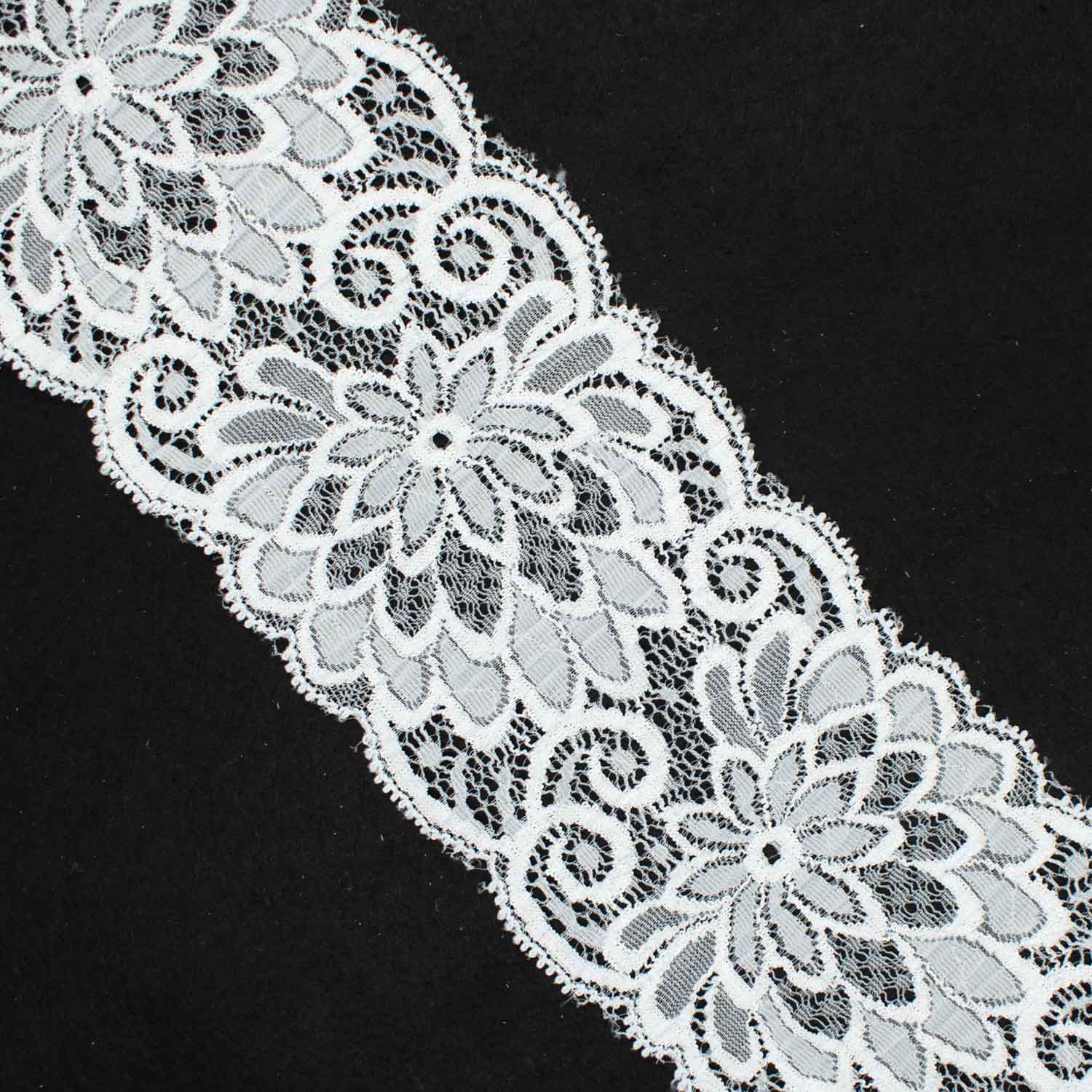 Floral Stretch Raschel Lace Trim 90mm White